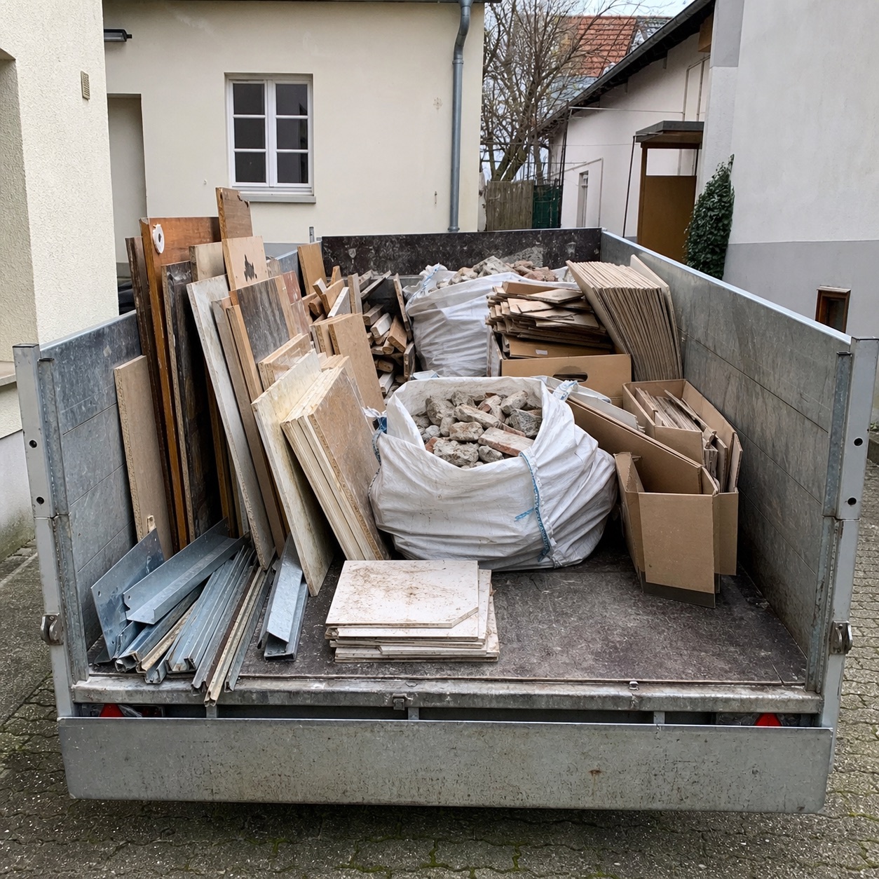 Sortierte Materialien im Anhänger zur fachgerechten Entsorgung