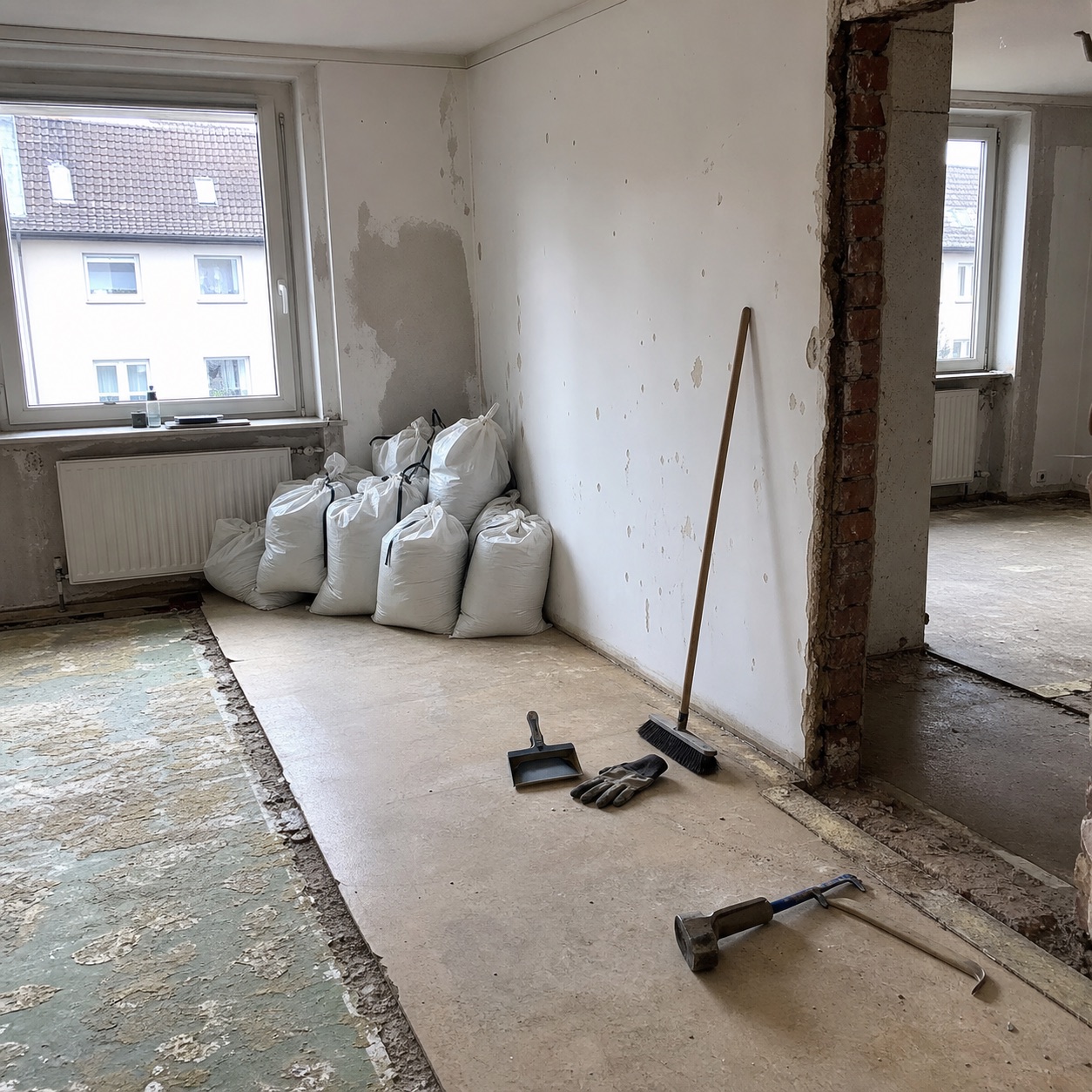 Wohnung während der Entkernung mit Bauschuttsäcken und Werkzeug