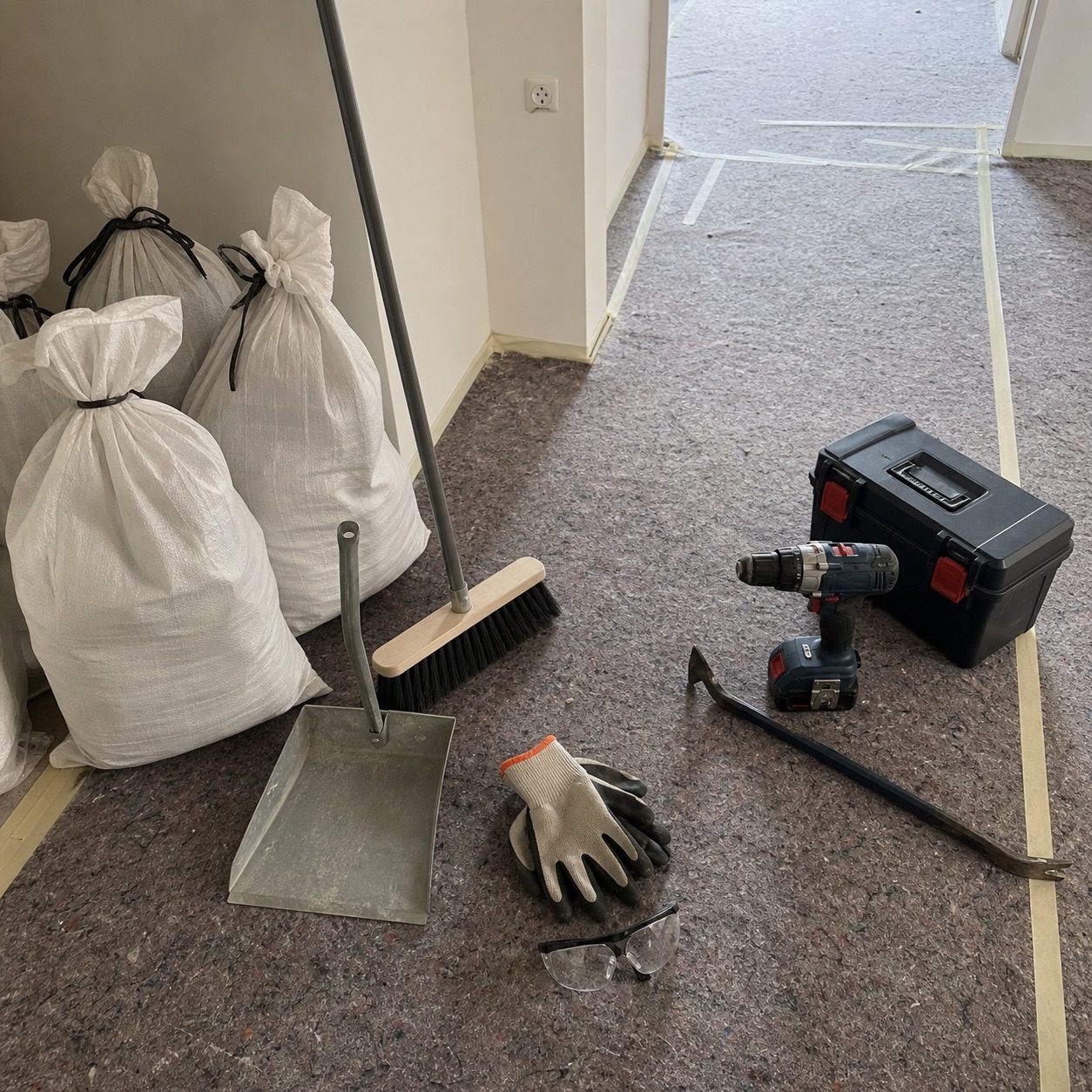 Werkzeug, Schutzausrüstung und Bauschuttsäcke vor dem Rückbau